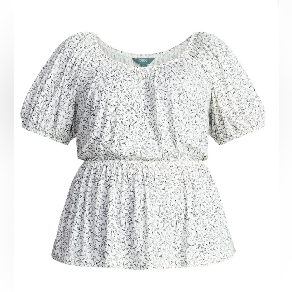 NWT Terra & Sky 1X Floral Peplum Puff Sleeve Top Ivory Black Plus Size